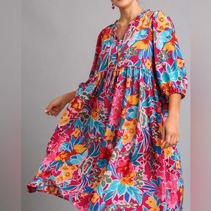 Umgee Colorful Floral Midi Dress - Pink, Blue, Yellow